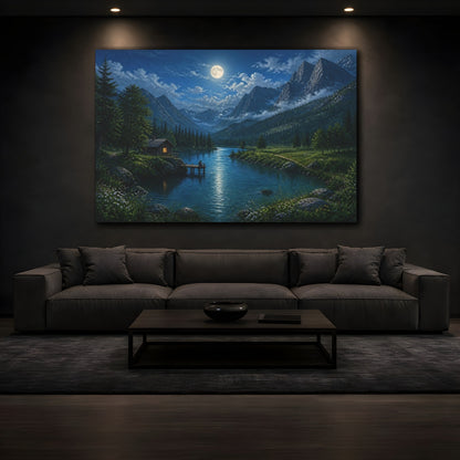 Mockup 3. Nature Moonlit Landscape Moonlit Mountain Lake shown as stretched canvas wall art