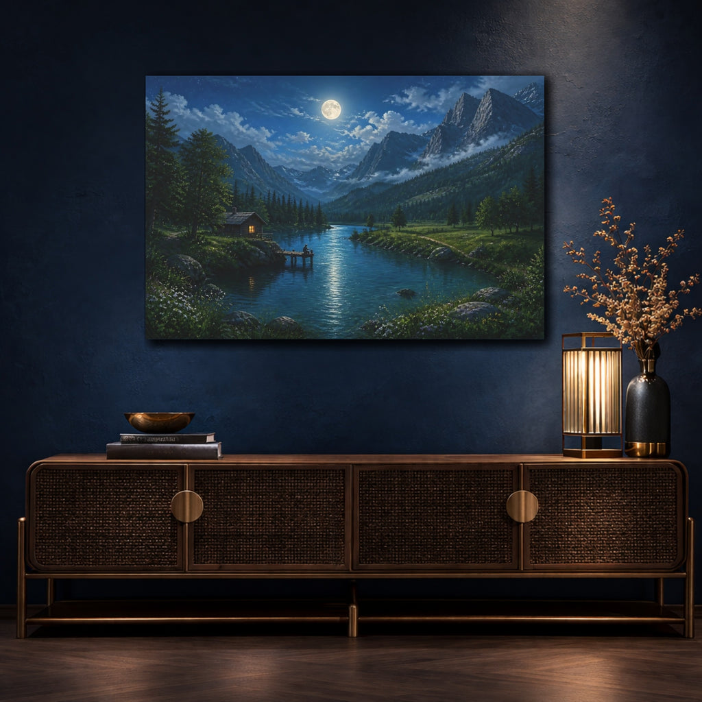 Mockup 4. Nature Moonlit Landscape Moonlit Mountain Lake shown as stretched canvas wall art