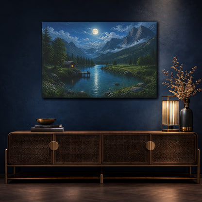 Mockup 4. Nature Moonlit Landscape Moonlit Mountain Lake shown as stretched canvas wall art