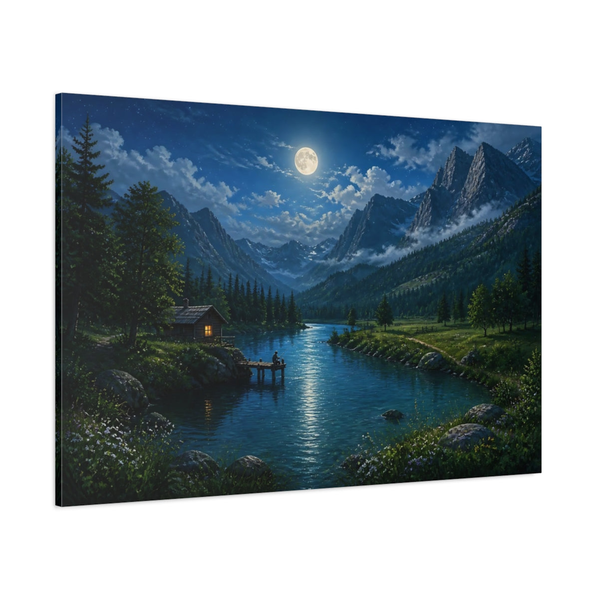 Side Mockup 1. Nature Moonlit Landscape Moonlit Mountain Lake shown as stretched canvas wall art