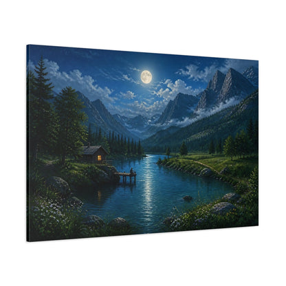 Side Mockup 1. Nature Moonlit Landscape Moonlit Mountain Lake shown as stretched canvas wall art
