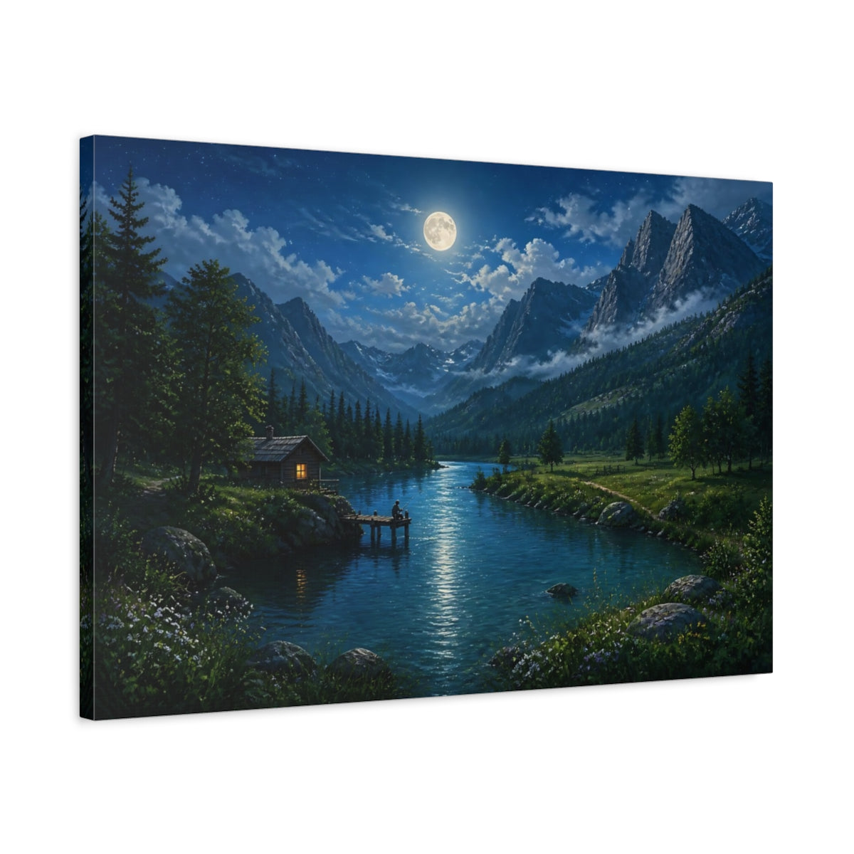 Side Mockup 2. Nature Moonlit Landscape Moonlit Mountain Lake shown as stretched canvas wall art
