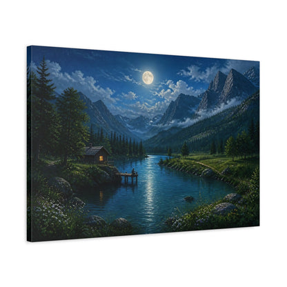 Side Mockup 2. Nature Moonlit Landscape Moonlit Mountain Lake shown as stretched canvas wall art