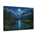 Side Mockup 4. Nature Moonlit Landscape Moonlit Mountain Lake shown as stretched canvas wall art