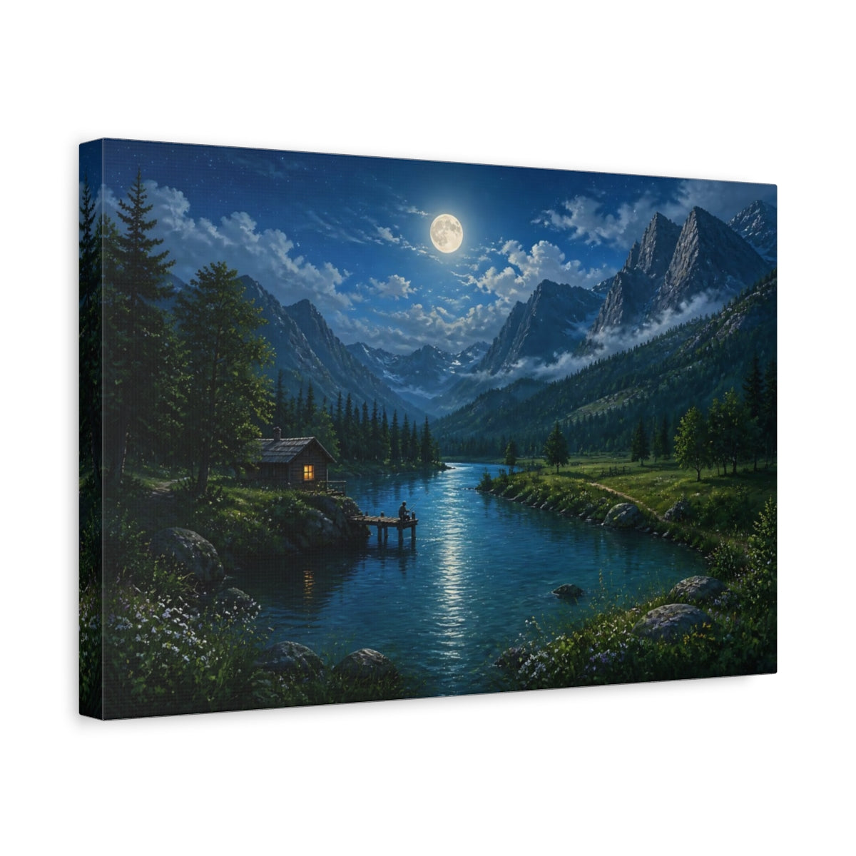 Side Mockup 4. Nature Moonlit Landscape Moonlit Mountain Lake shown as stretched canvas wall art