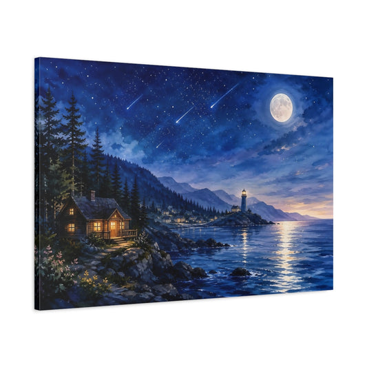 Main Mockup. Nature Moonlit Lighthouse Blue Night Coast shown as stretched canvas wall art