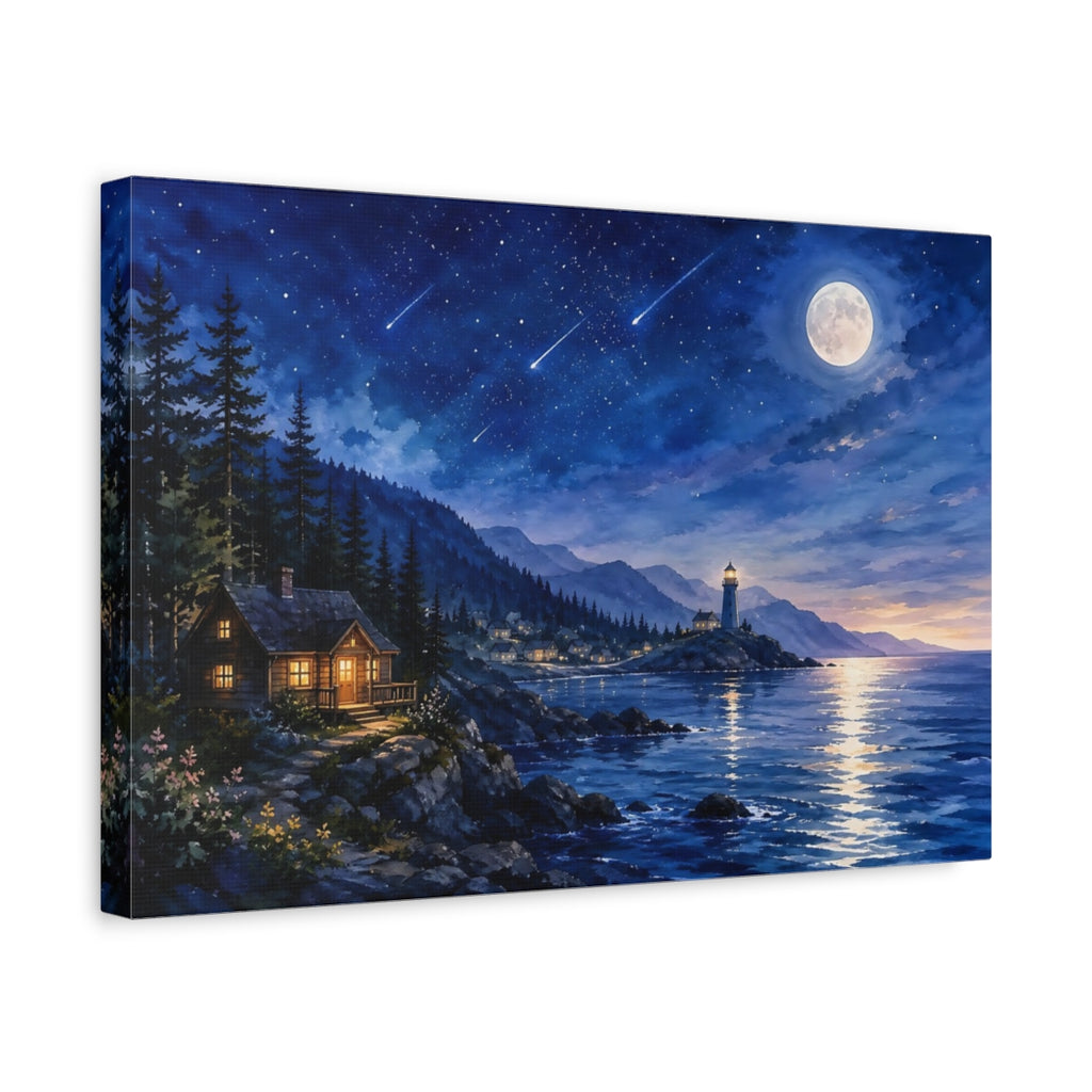 Side Mockup 4. Nature Moonlit Lighthouse Blue Night Coast shown as stretched canvas wall art