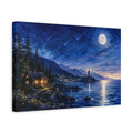 Side Mockup 4. Nature Moonlit Lighthouse Blue Night Coast shown as stretched canvas wall art