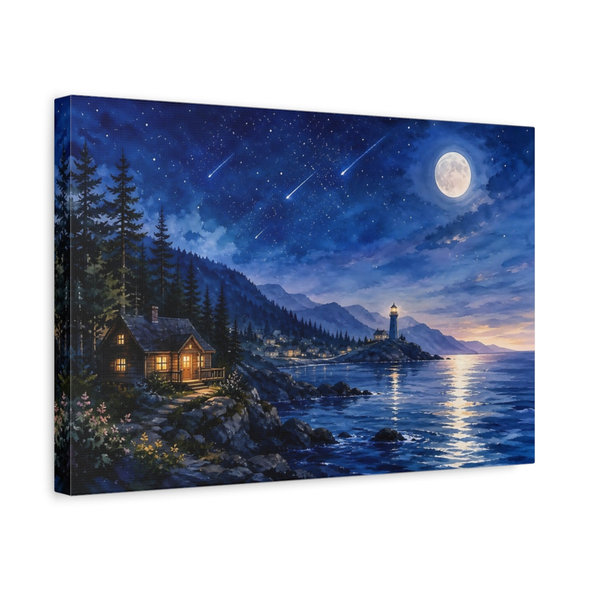 Side Mockup 4. Nature Moonlit Lighthouse Blue Night Coast shown as stretched canvas wall art