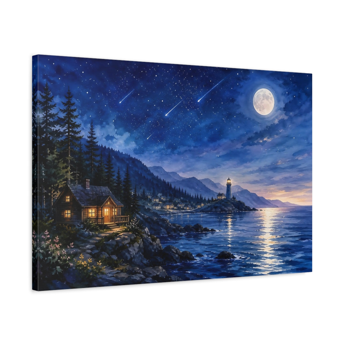 Side Mockup 2. Nature Moonlit Lighthouse Blue Night Coast shown as stretched canvas wall art