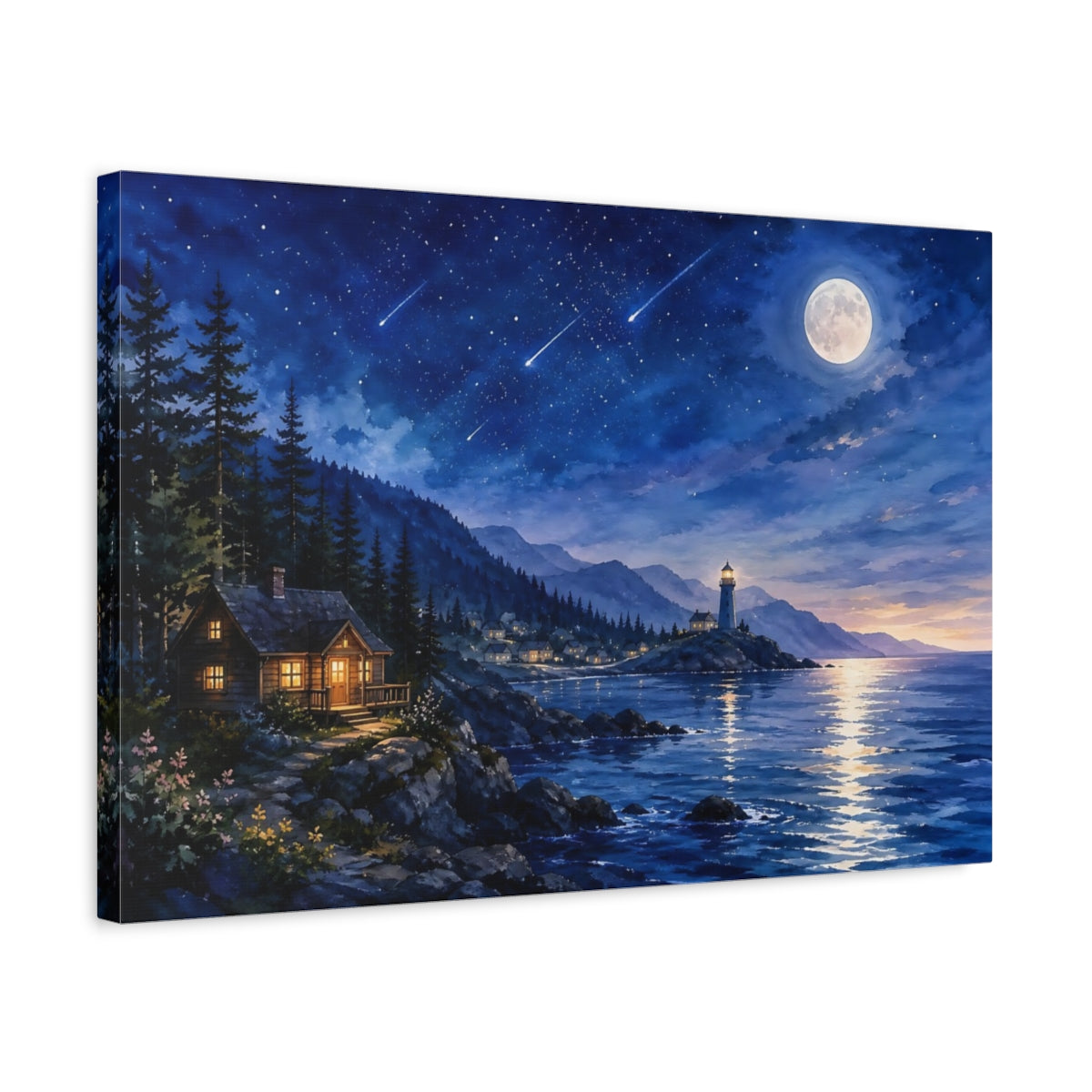 Side Mockup 3. Nature Moonlit Lighthouse Blue Night Coast shown as stretched canvas wall art