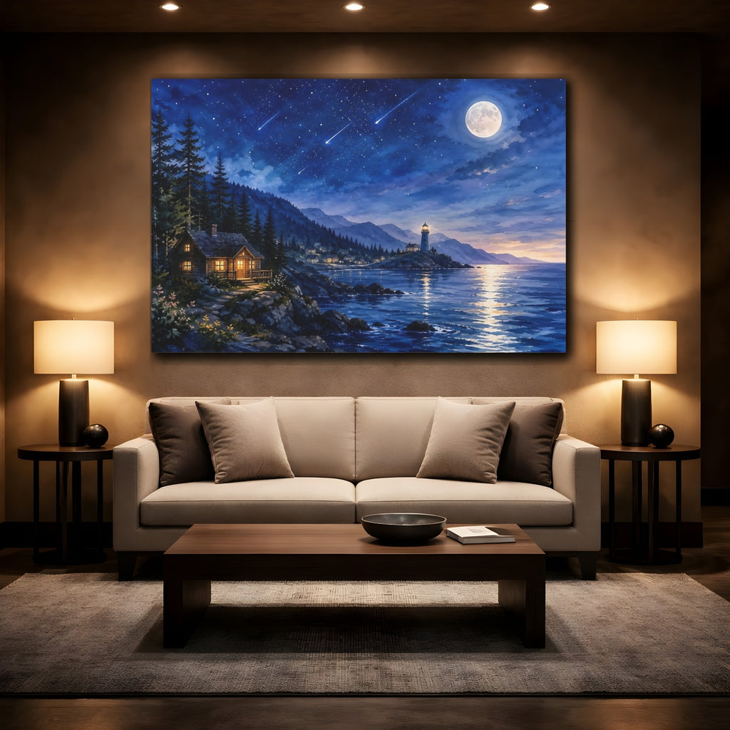 Mockup 2. Nature Moonlit Lighthouse Blue Night Coast shown as stretched canvas wall art