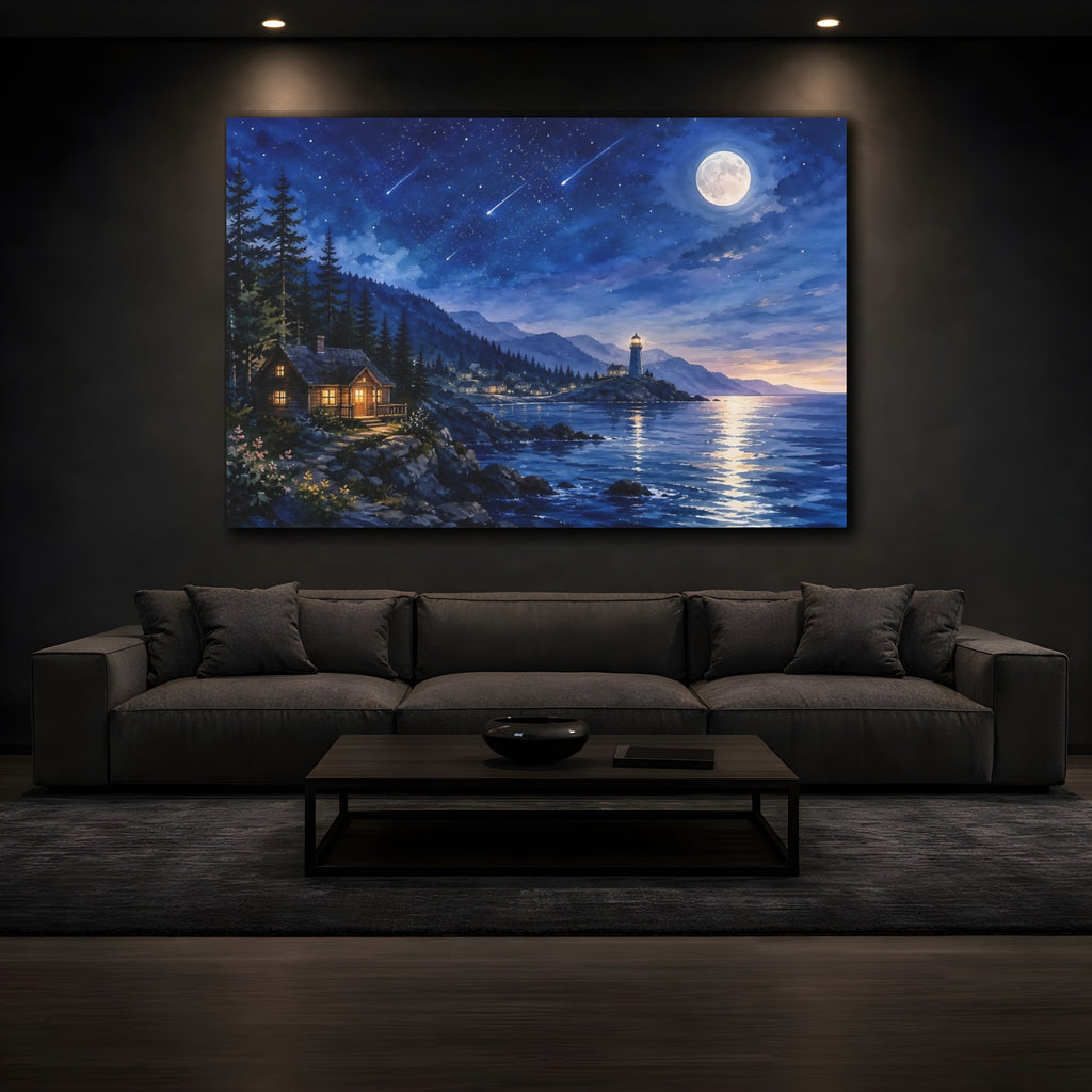 Mockup 3. Nature Moonlit Lighthouse Blue Night Coast shown as stretched canvas wall art