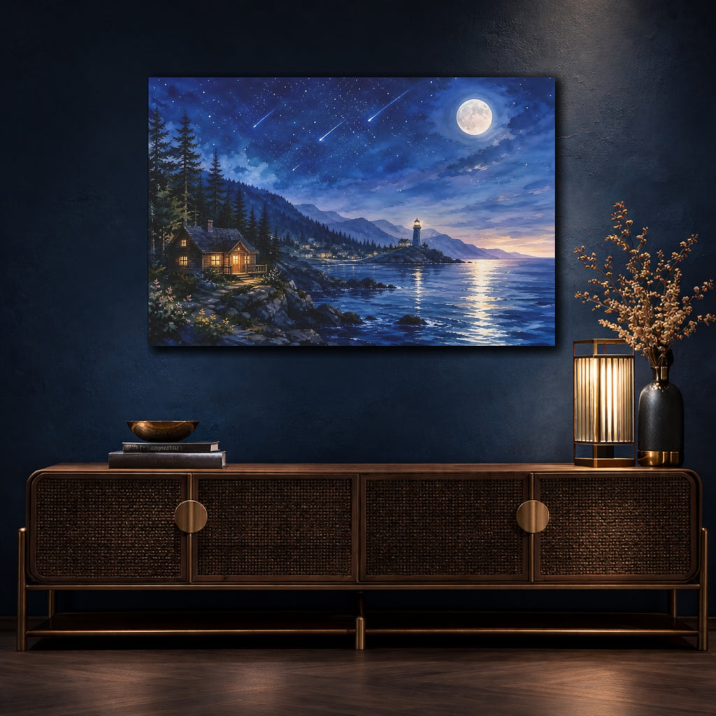 Mockup 4. Nature Moonlit Lighthouse Blue Night Coast shown as stretched canvas wall art