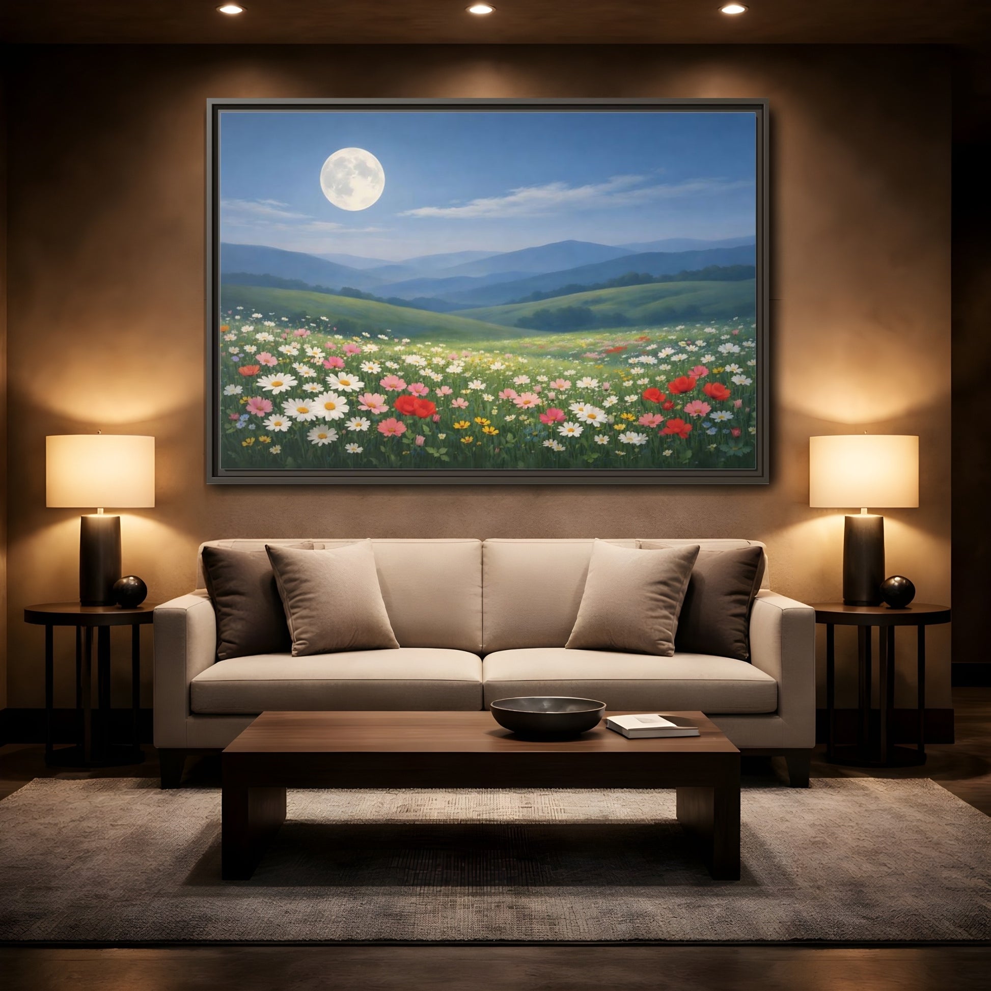 Mockup 2. Nature Moonlit Meadow Moonlit Wildflower Field shown as stretched canvas wall art
