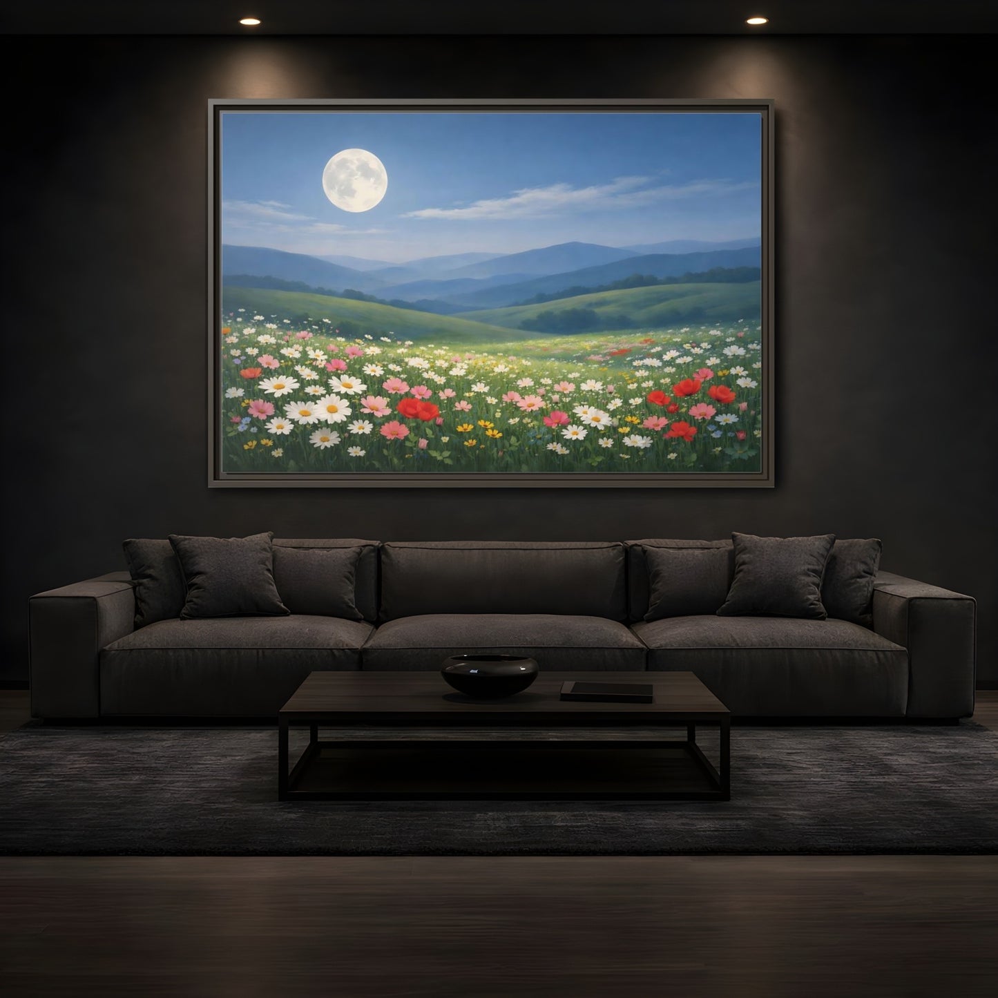 Mockup 3. Nature Moonlit Meadow Moonlit Wildflower Field shown as stretched canvas wall art