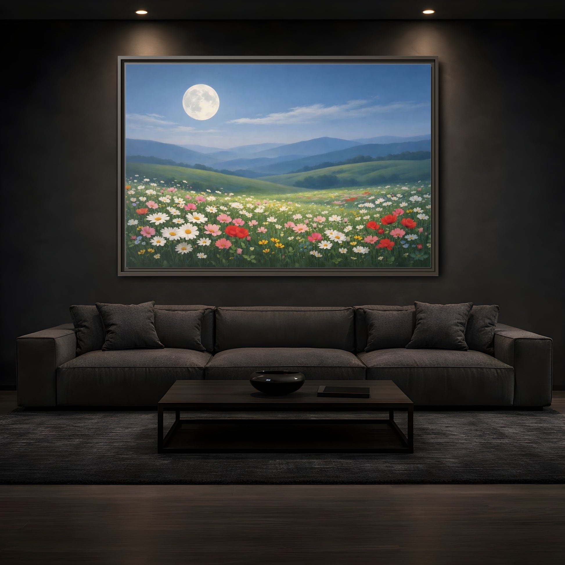 Mockup 3. Nature Moonlit Meadow Moonlit Wildflower Field shown as stretched canvas wall art