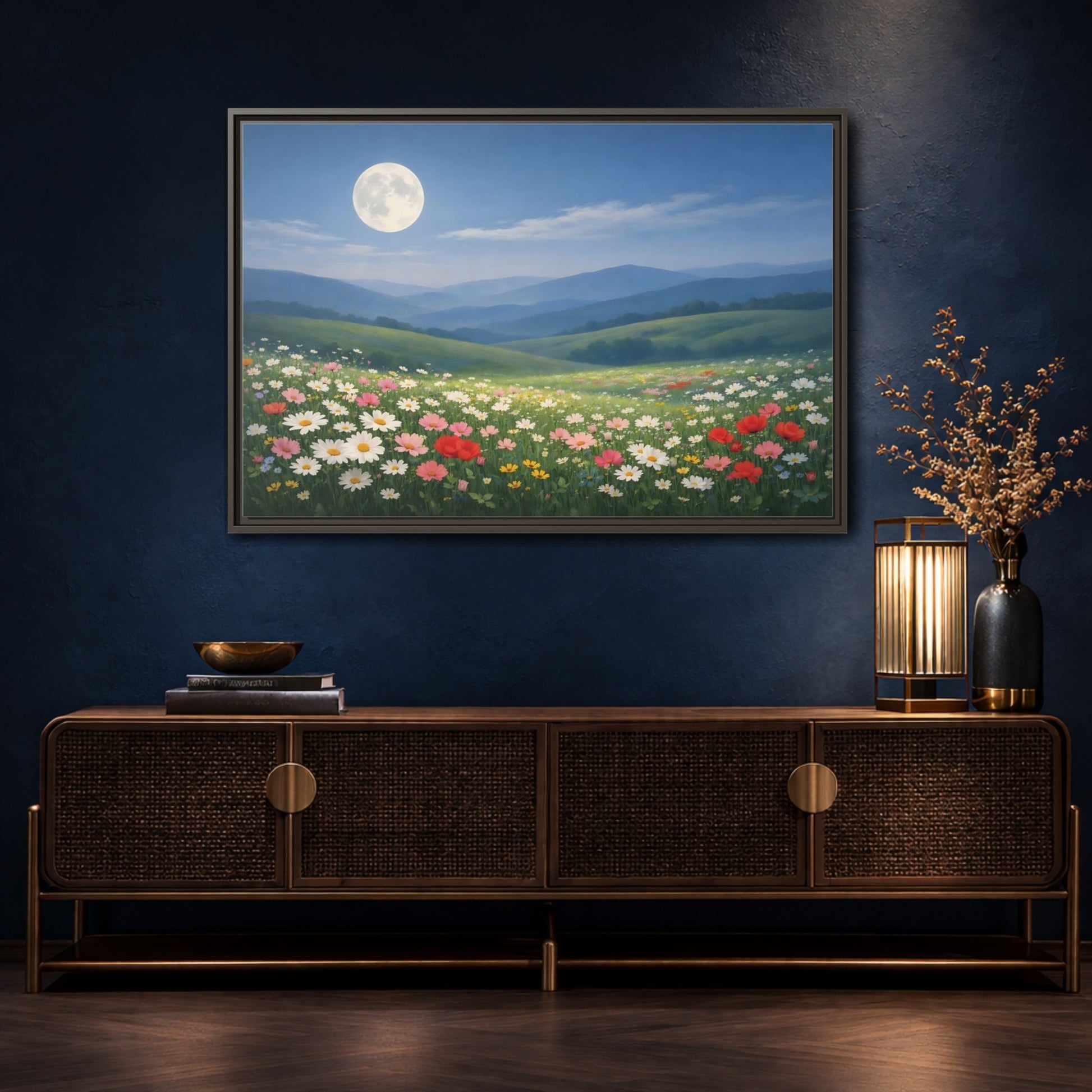 Mockup 4. Nature Moonlit Meadow Moonlit Wildflower Field shown as stretched canvas wall art