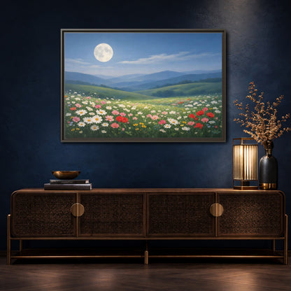 Mockup 4. Nature Moonlit Meadow Moonlit Wildflower Field shown as stretched canvas wall art