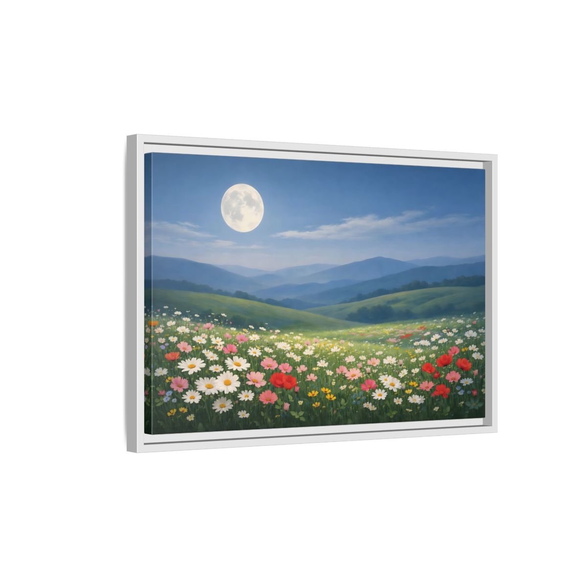 Side Mockup 1. Nature Moonlit Meadow Moonlit Wildflower Field shown as stretched canvas wall art