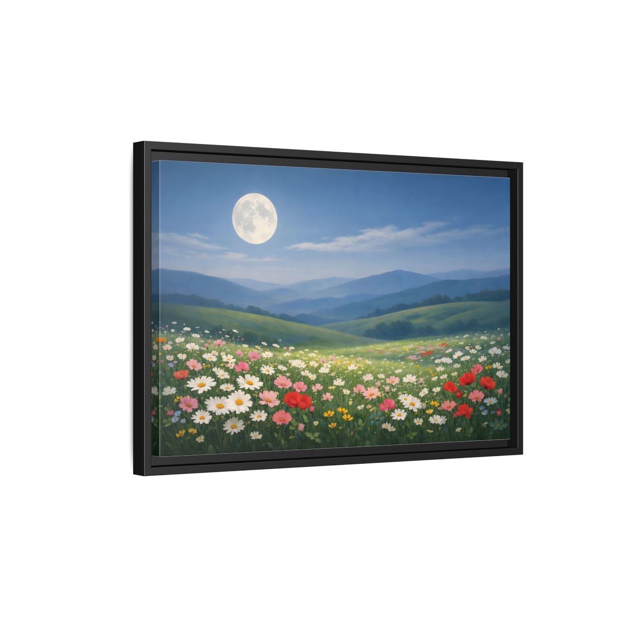 Side Mockup 3. Nature Moonlit Meadow Moonlit Wildflower Field shown as stretched canvas wall art