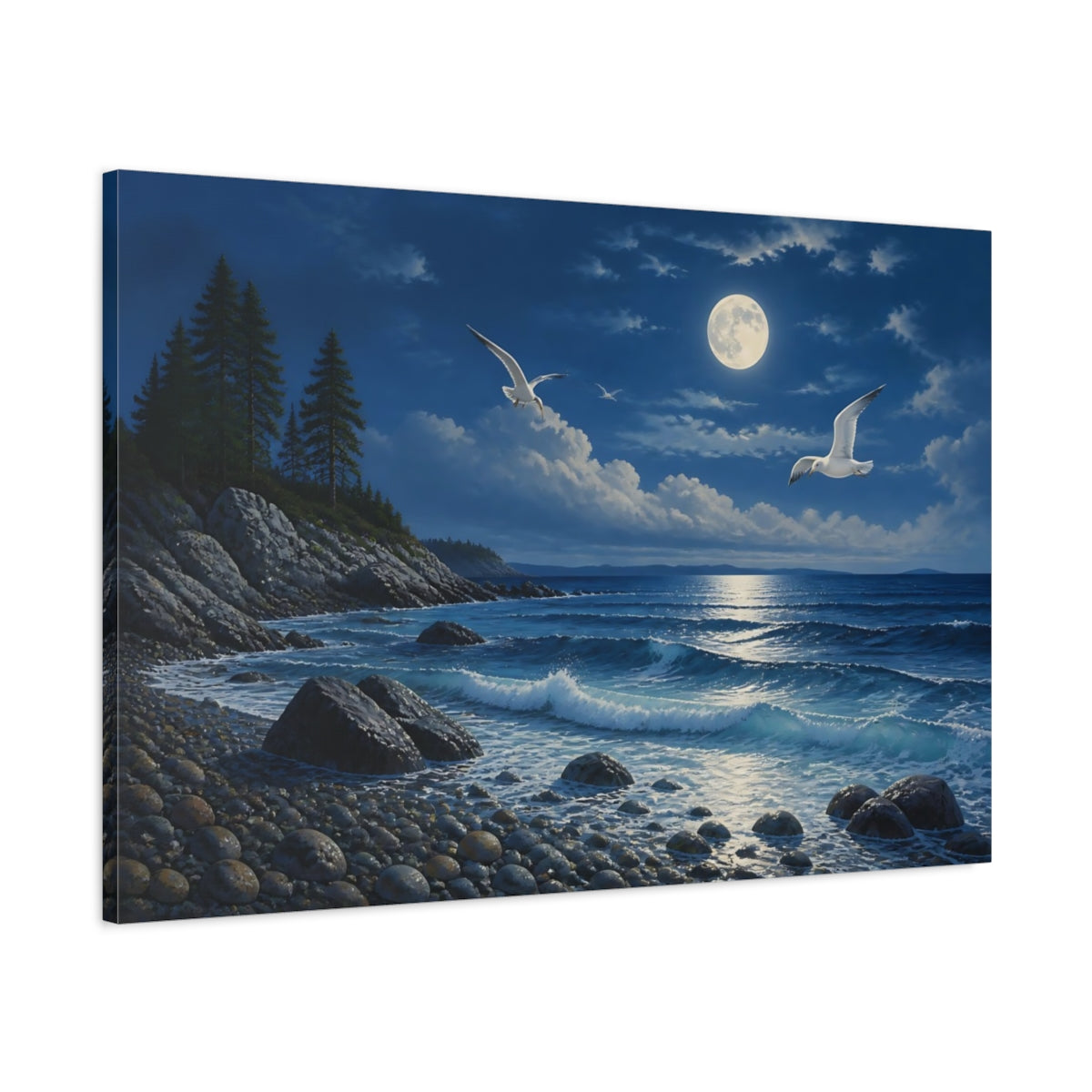 Main Mockup. Nature Moonlit Ocean Blue And White shown as stretched canvas wall art