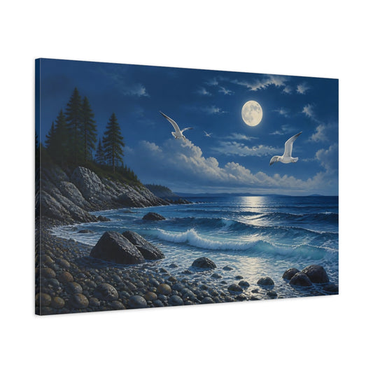 Main Mockup. Nature Moonlit Ocean Blue And White shown as stretched canvas wall art