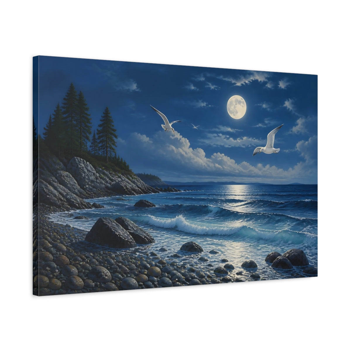 Side Mockup 2. Nature Moonlit Ocean Blue And White shown as stretched canvas wall art