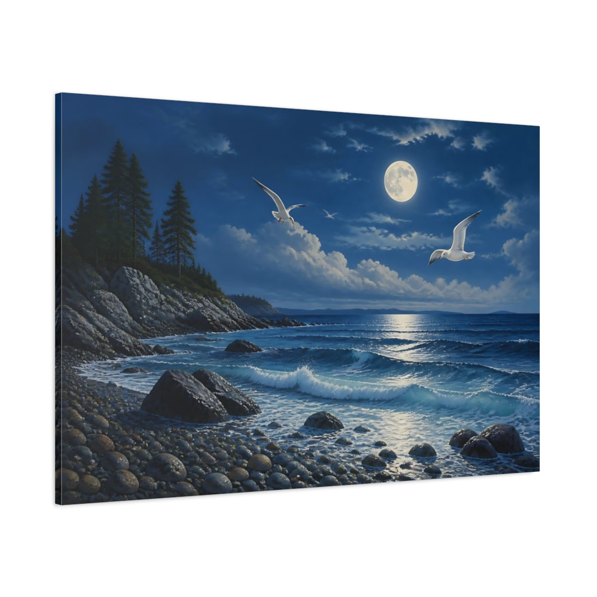 Side Mockup 1. Nature Moonlit Ocean Blue And White shown as stretched canvas wall art
