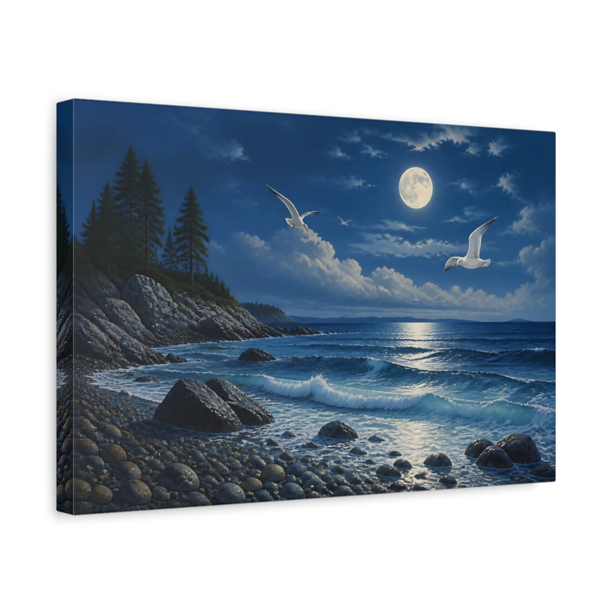 Side Mockup 4. Nature Moonlit Ocean Blue And White shown as stretched canvas wall art