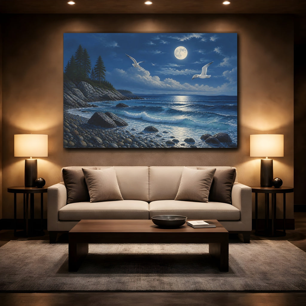 Mockup 2. Nature Moonlit Ocean Blue And White shown as stretched canvas wall art