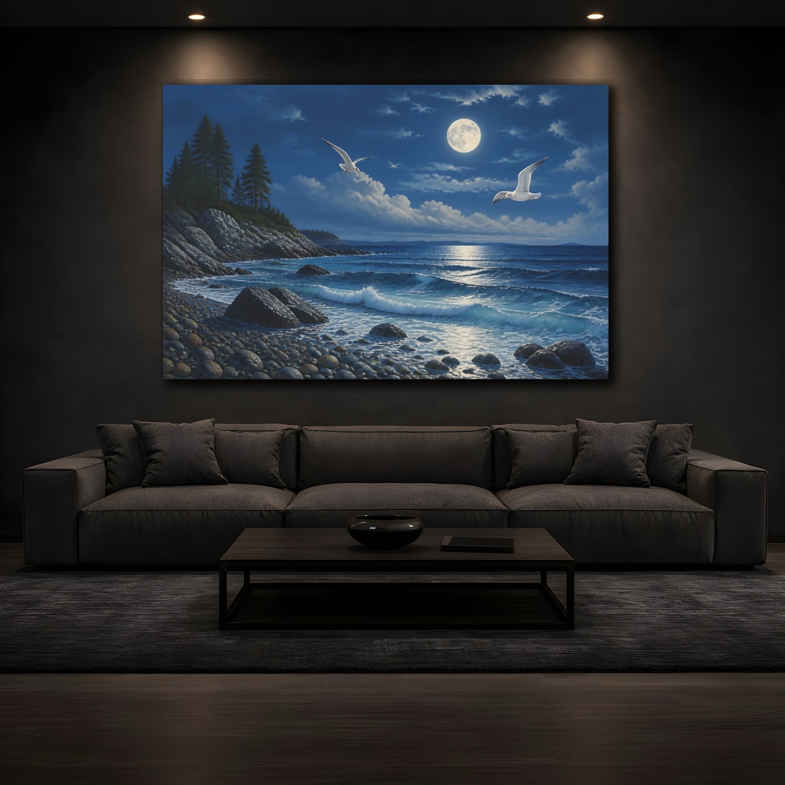 Mockup 3. Nature Moonlit Ocean Blue And White shown as stretched canvas wall art