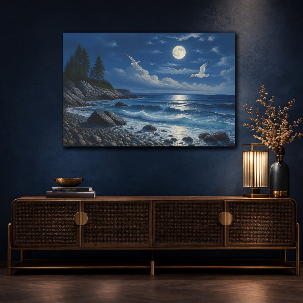 Mockup 4. Nature Moonlit Ocean Blue And White shown as stretched canvas wall art