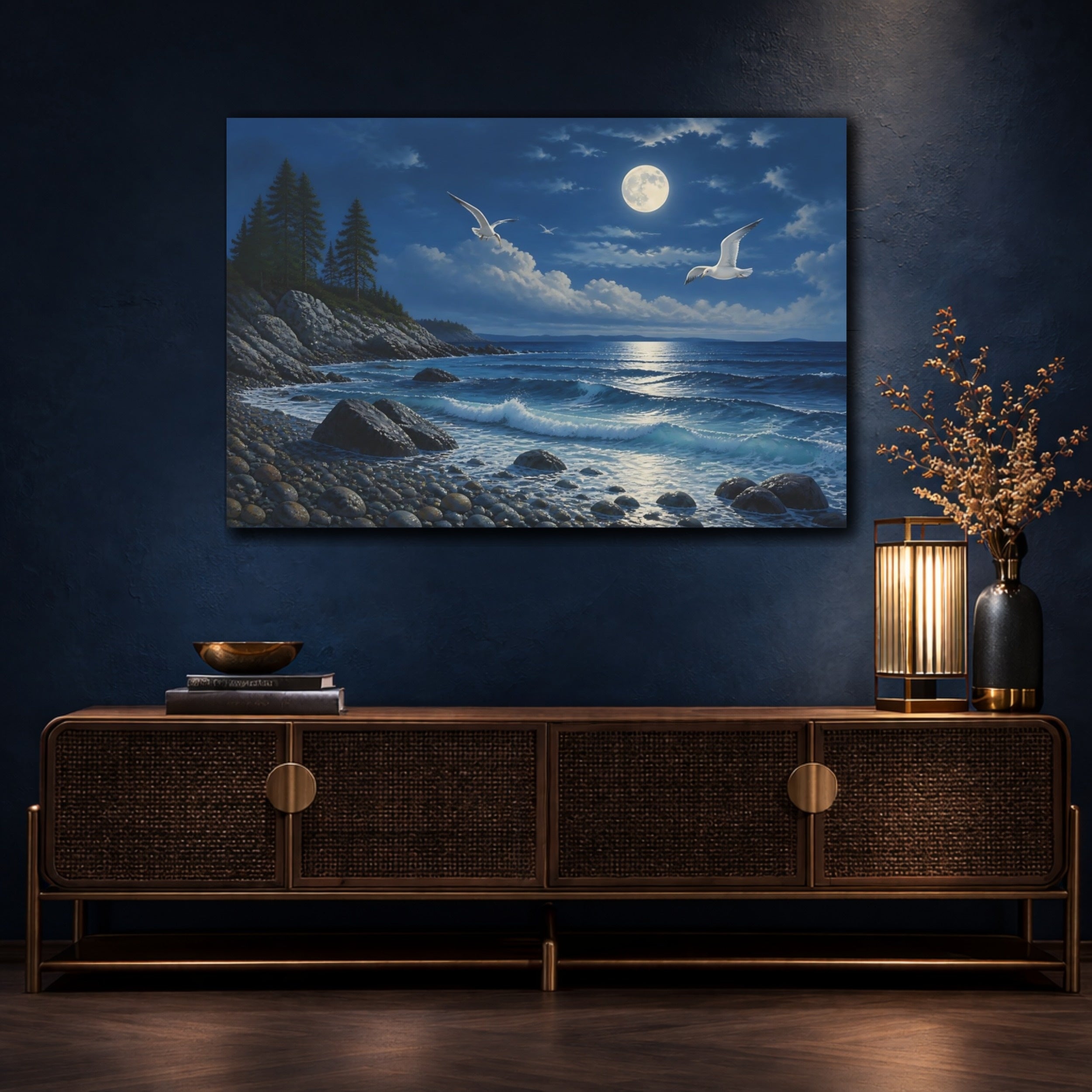 Mockup 4. Nature Moonlit Ocean Blue And White shown as stretched canvas wall art