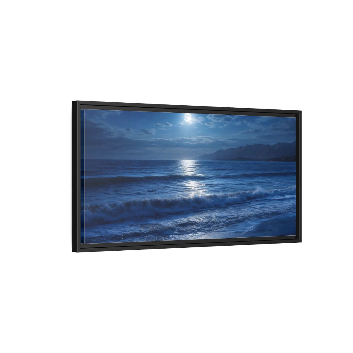 Side Mockup 2. Nature Moonlit Ocean Blue Moonlight shown as stretched canvas wall art