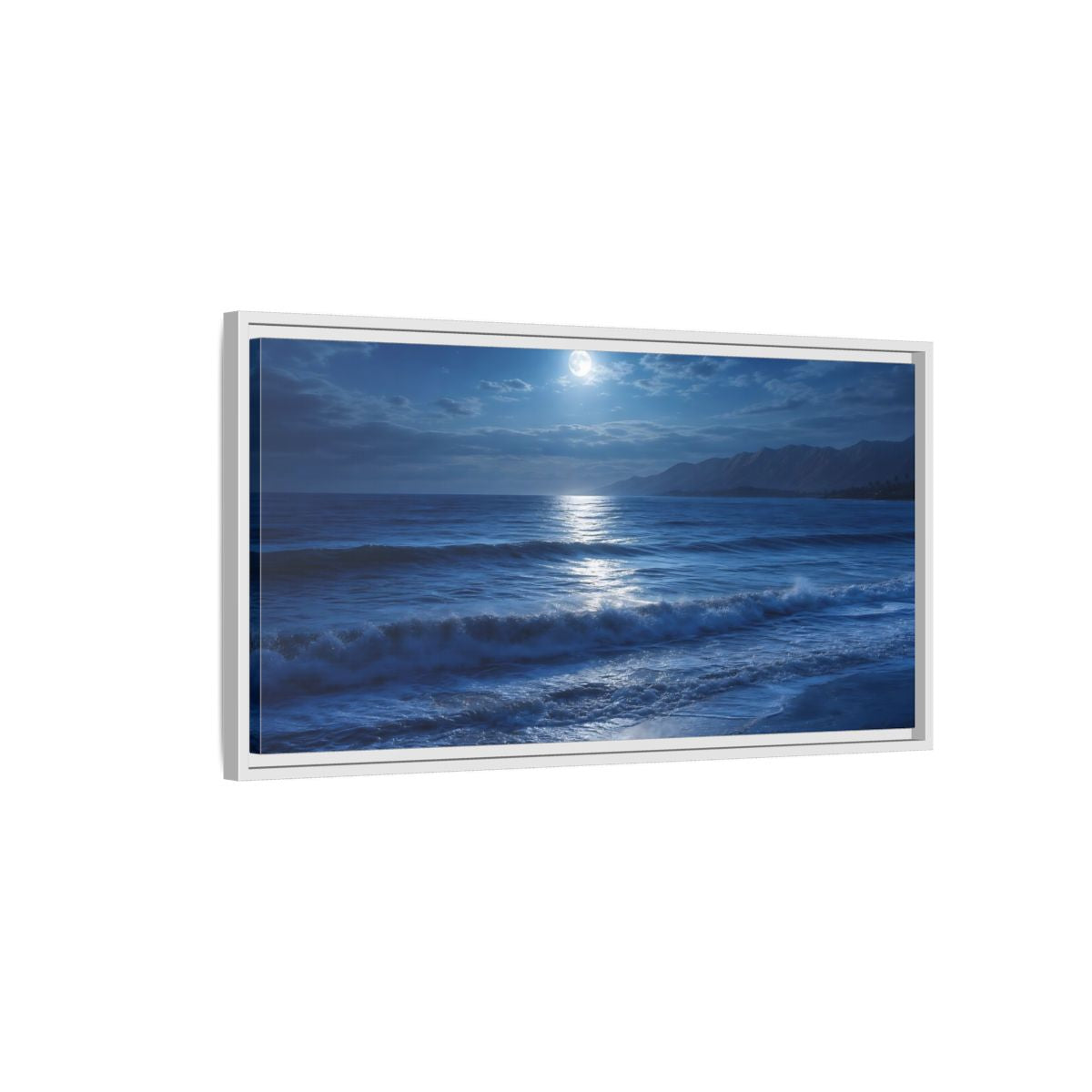 Side Mockup 1. Nature Moonlit Ocean Blue Moonlight shown as stretched canvas wall art