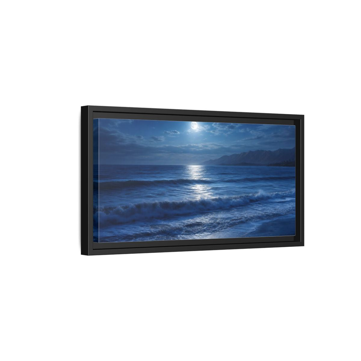 Side Mockup 8. Nature Moonlit Ocean Blue Moonlight shown as stretched canvas wall art