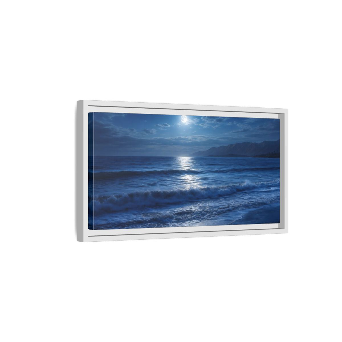 Side Mockup 6. Nature Moonlit Ocean Blue Moonlight shown as stretched canvas wall art