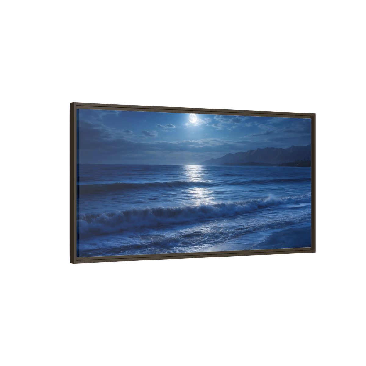 Side Mockup 4. Nature Moonlit Ocean Blue Moonlight shown as stretched canvas wall art