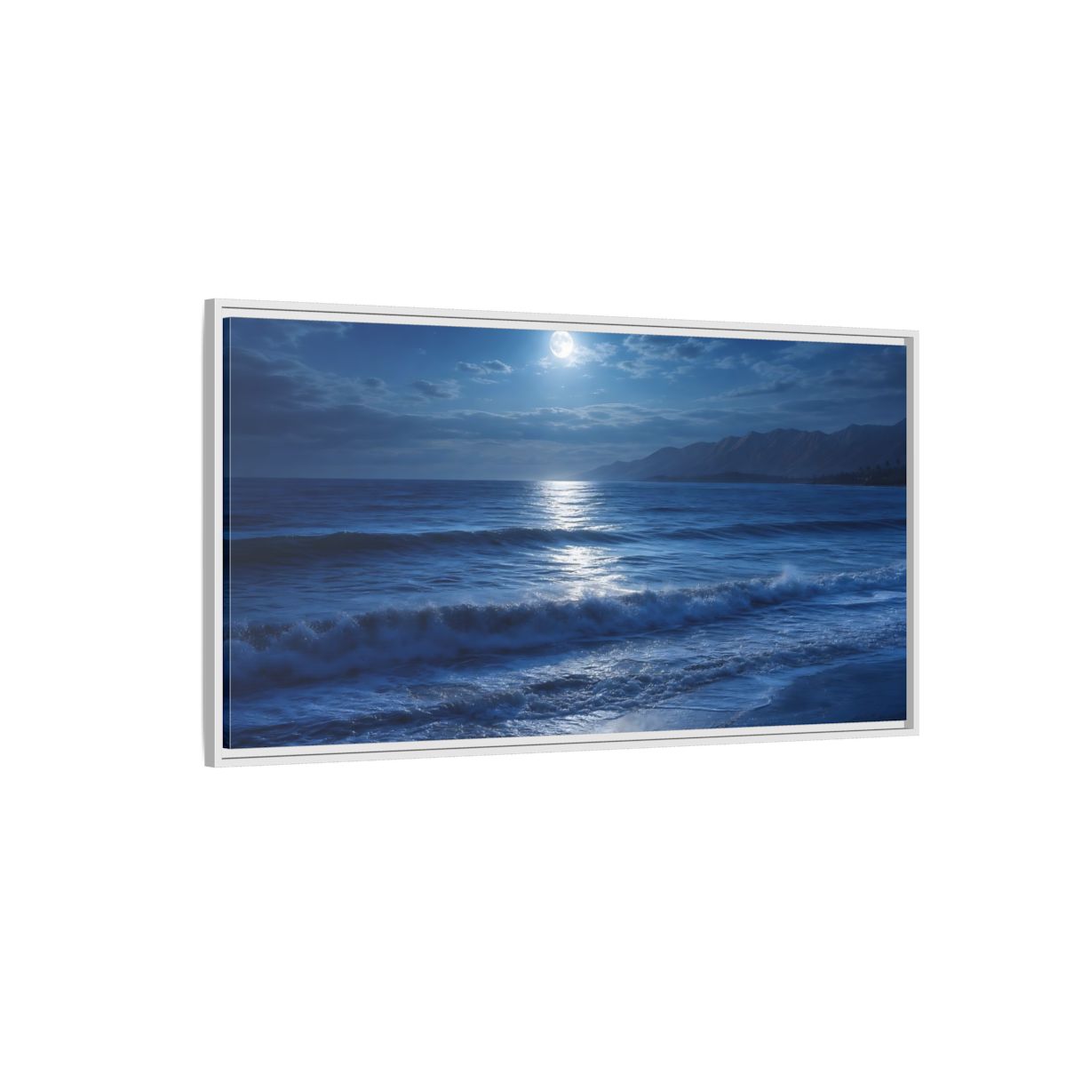 Side Mockup 3. Nature Moonlit Ocean Blue Moonlight shown as stretched canvas wall art
