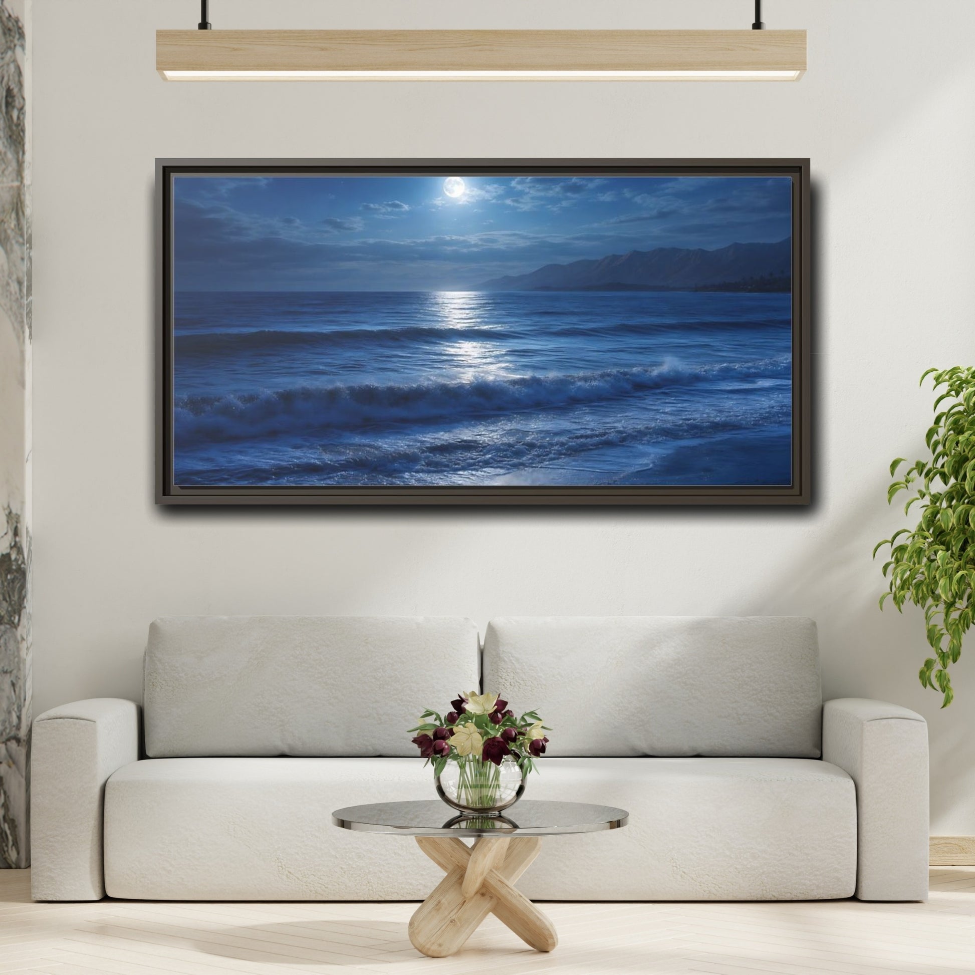 Mockup 2. Nature Moonlit Ocean Blue Moonlight shown as stretched canvas wall art