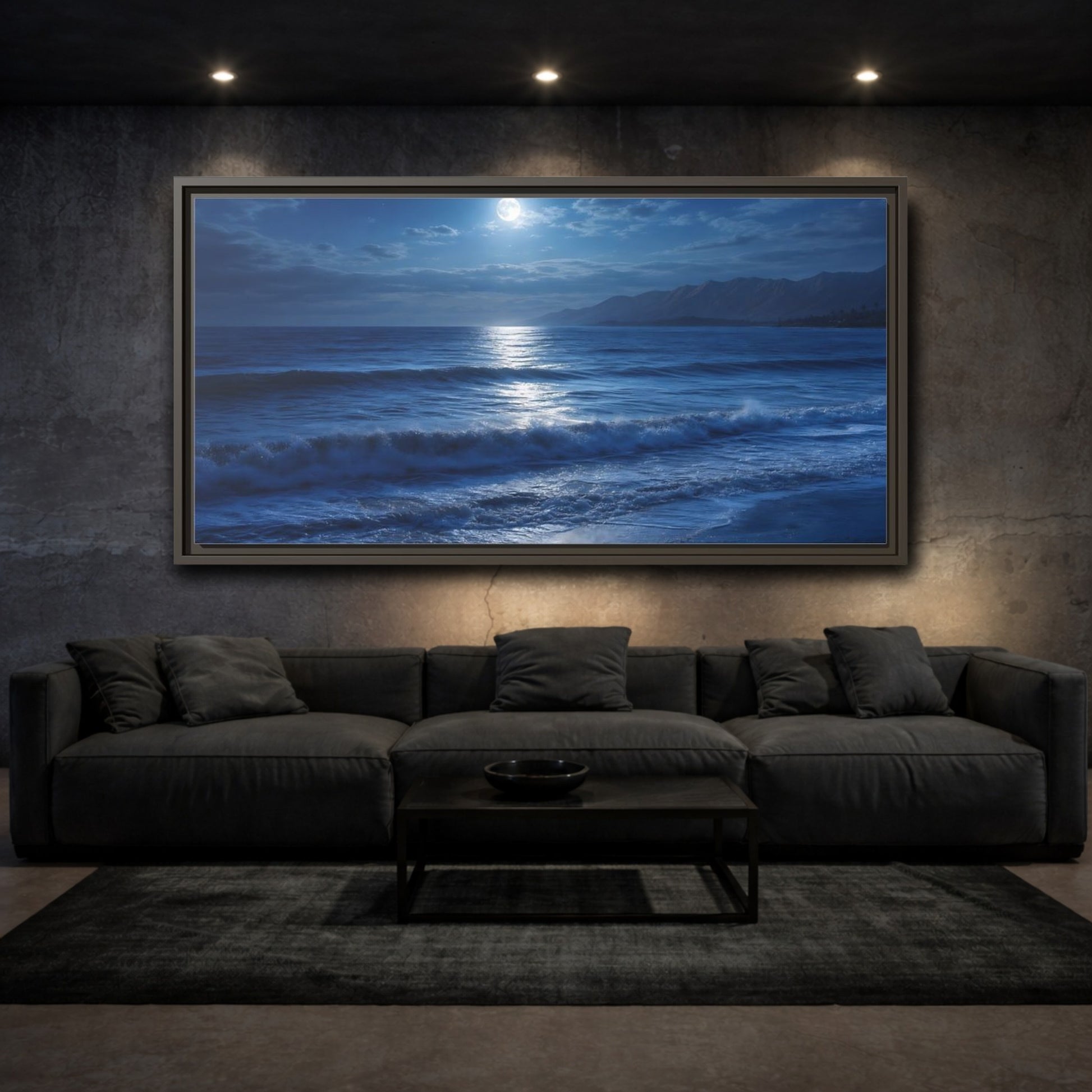 Mockup 3. Nature Moonlit Ocean Blue Moonlight shown as stretched canvas wall art