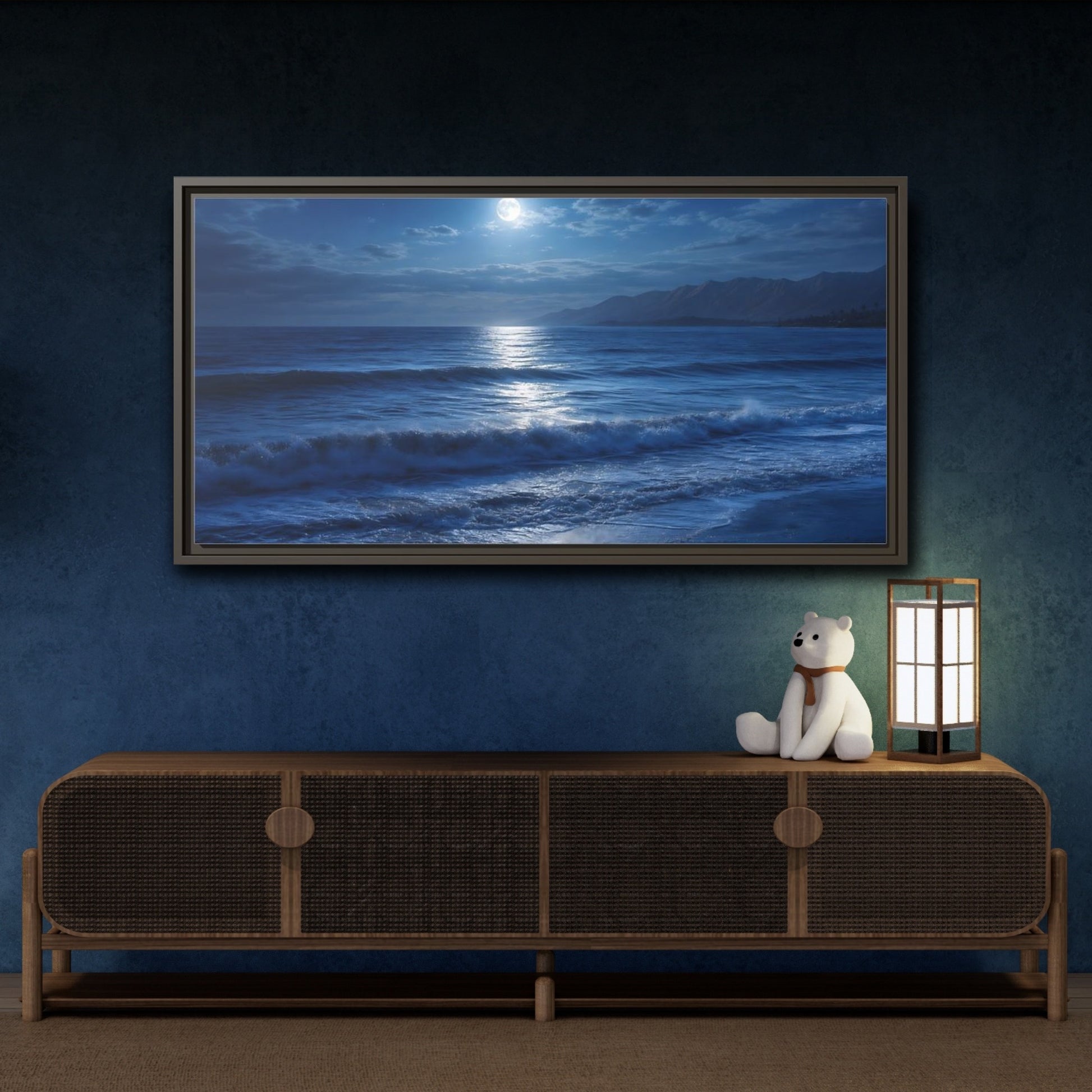 Mockup 4. Nature Moonlit Ocean Blue Moonlight shown as stretched canvas wall art