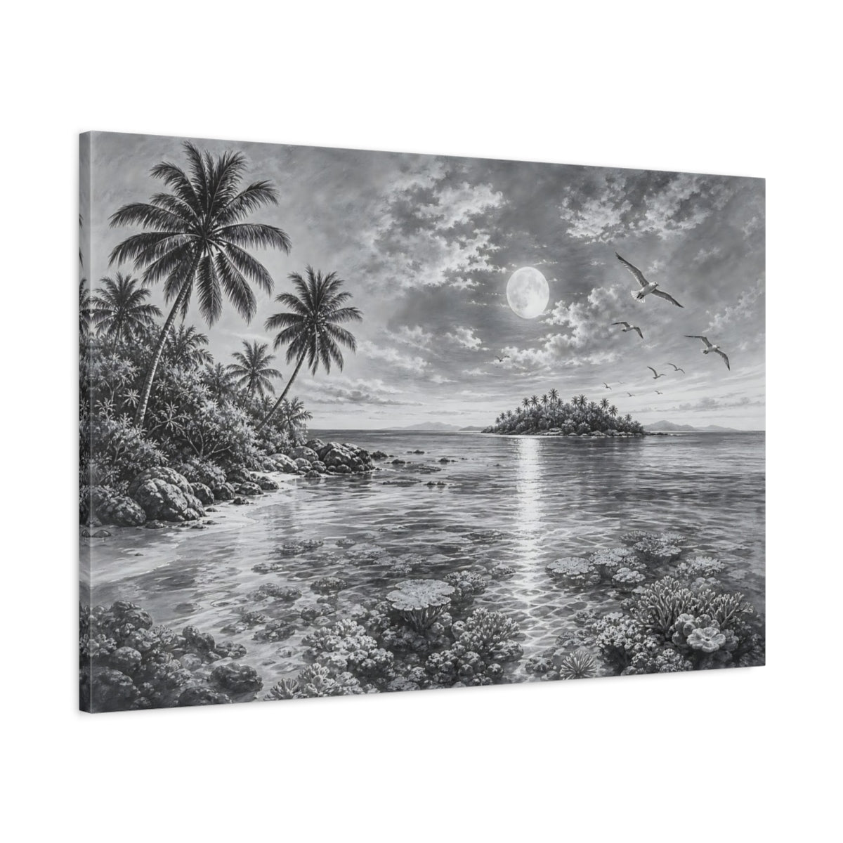 Main Mockup. Nature Moonlit Ocean Monochrome Tropical shown as stretched canvas wall art