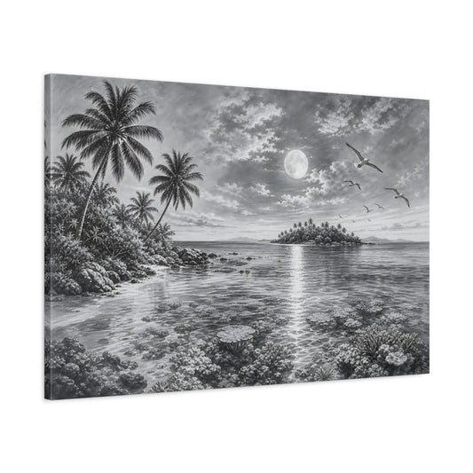 Main Mockup. Nature Moonlit Ocean Monochrome Tropical shown as stretched canvas wall art