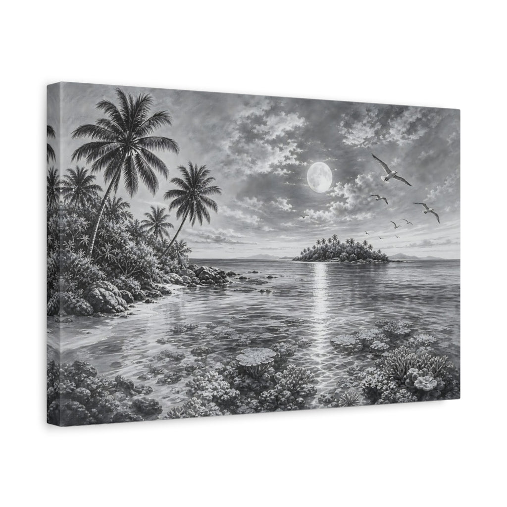 Side Mockup 4. Nature Moonlit Ocean Monochrome Tropical shown as stretched canvas wall art