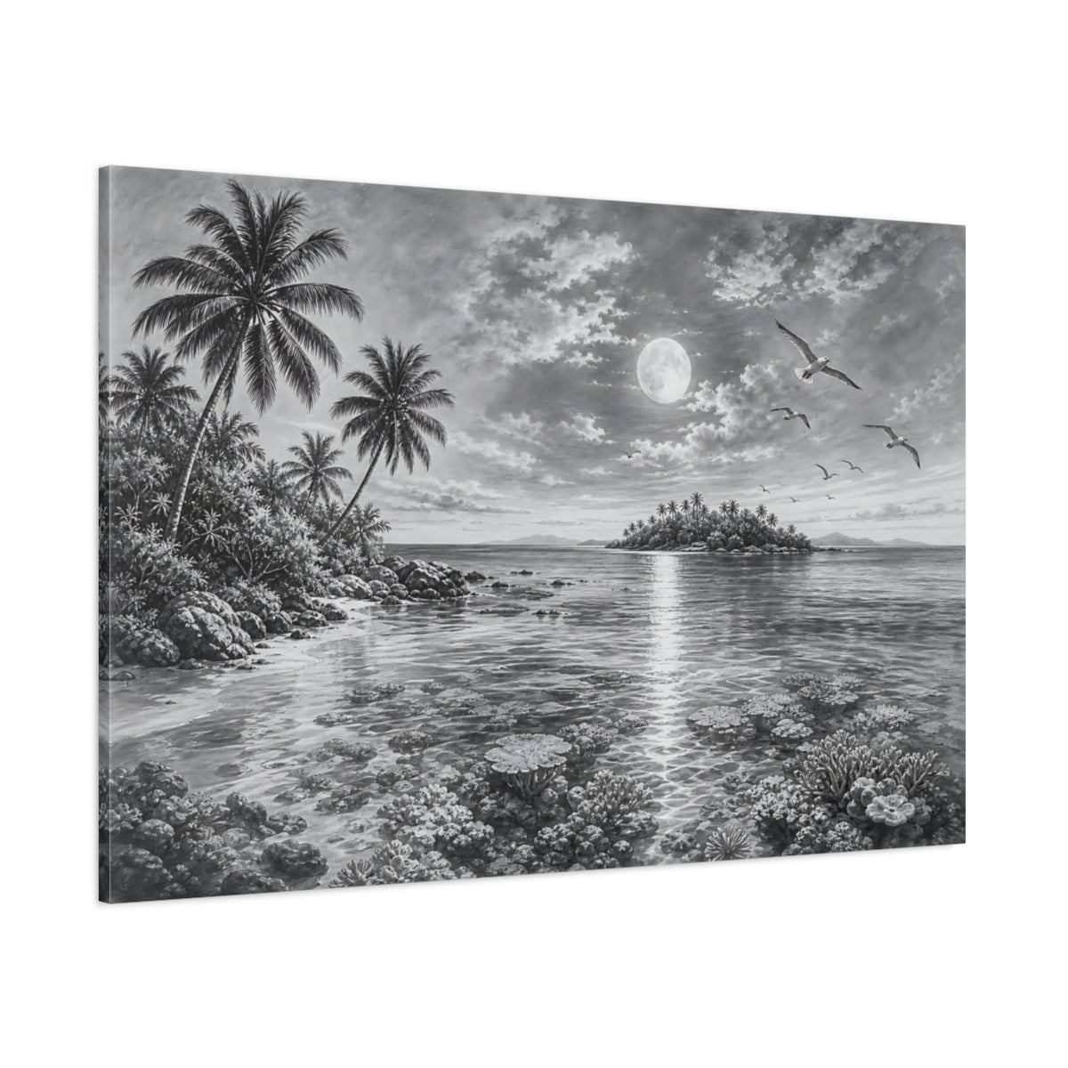 Side Mockup 1. Nature Moonlit Ocean Monochrome Tropical shown as stretched canvas wall art