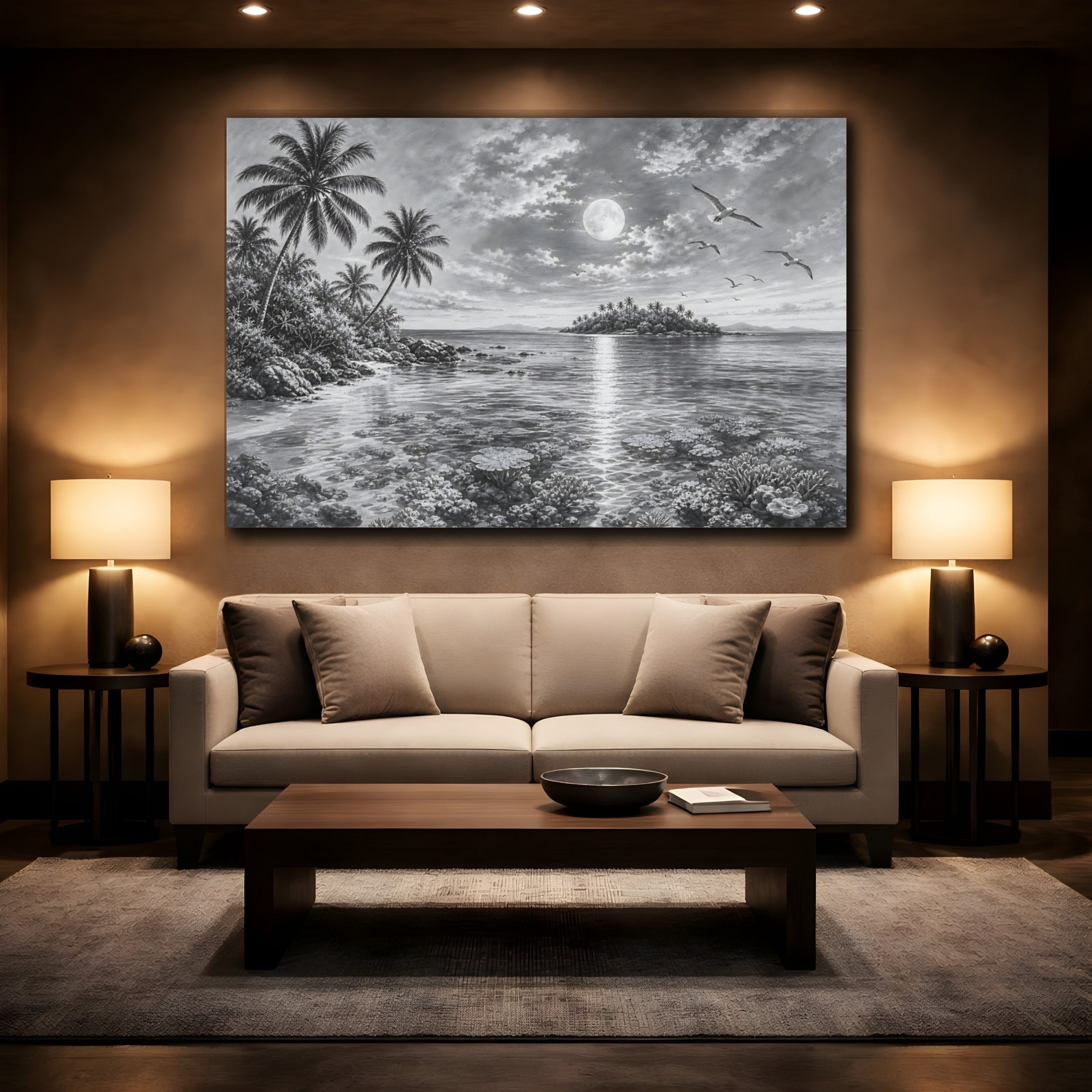 Mockup 2. Nature Moonlit Ocean Monochrome Tropical shown as stretched canvas wall art