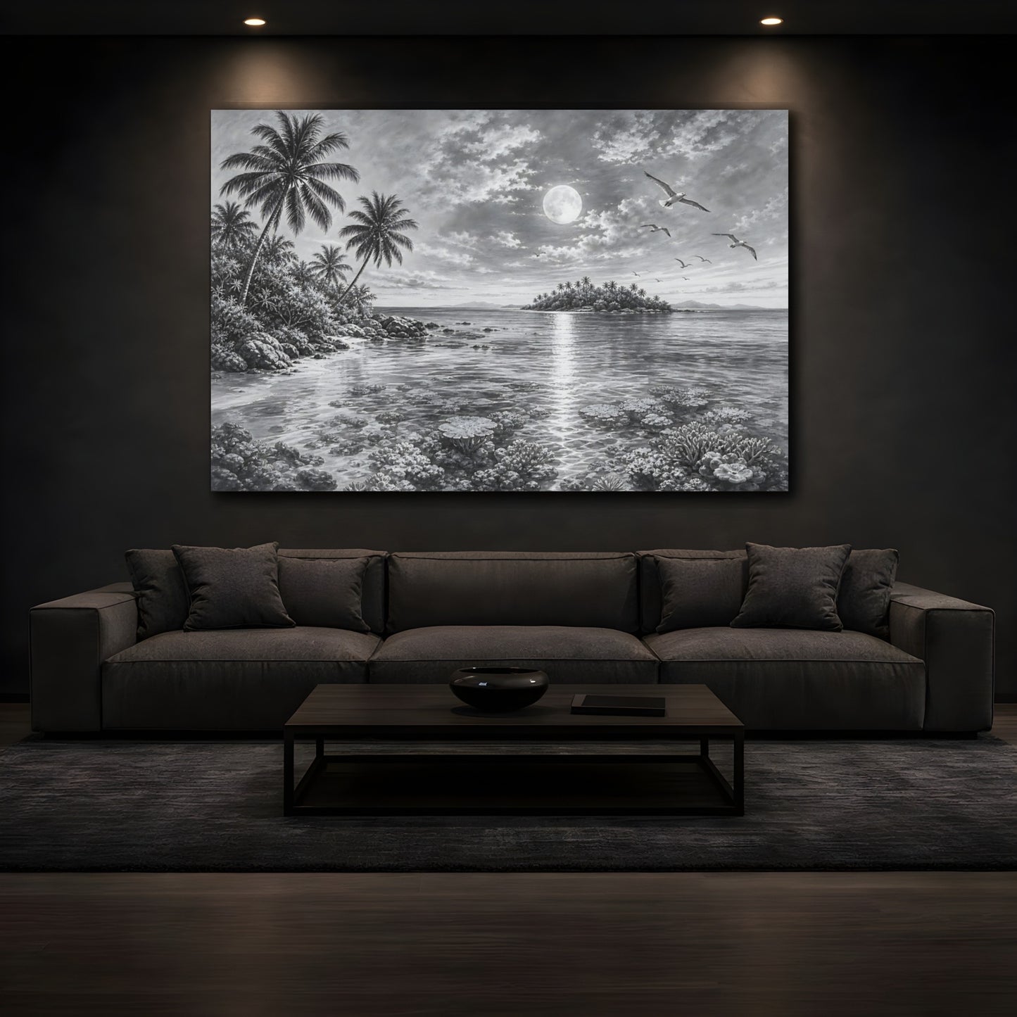 Mockup 3. Nature Moonlit Ocean Monochrome Tropical shown as stretched canvas wall art
