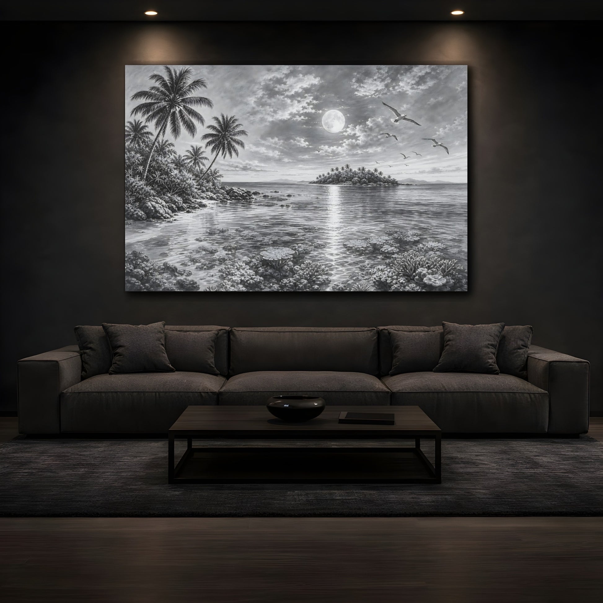 Mockup 3. Nature Moonlit Ocean Monochrome Tropical shown as stretched canvas wall art